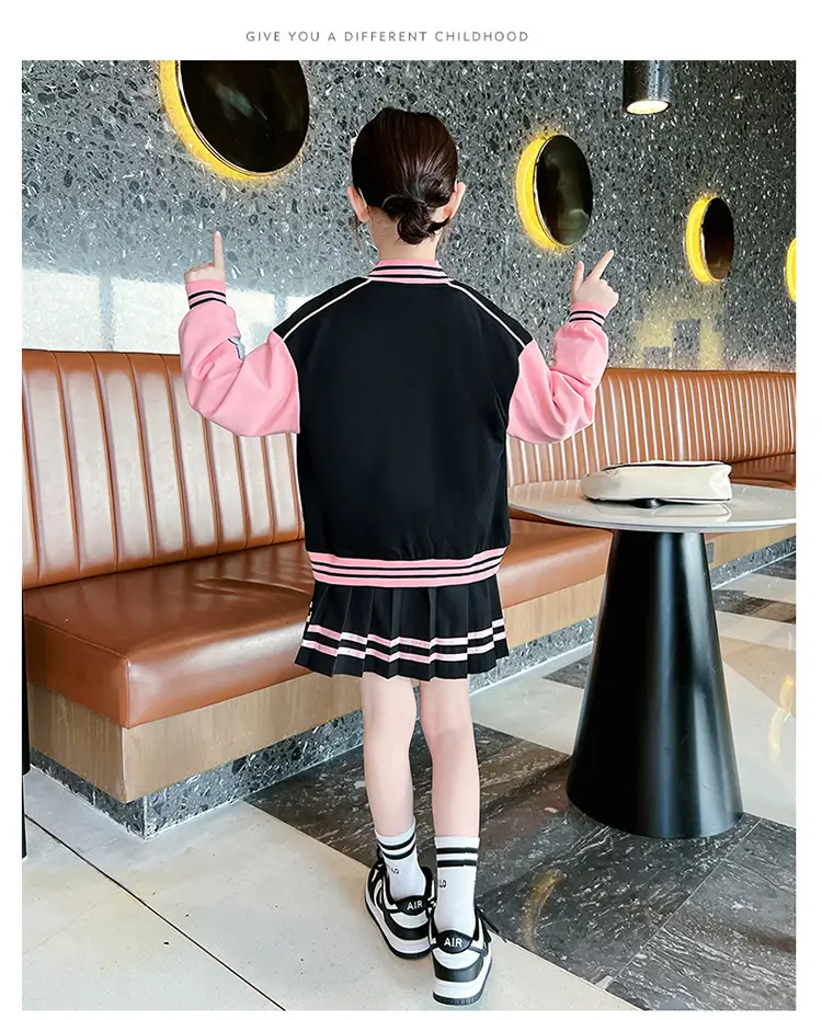 Girls Baseball Jacket Skirt Set Color Block Button Down — feature 11