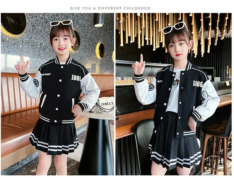 Girls Baseball Jacket Skirt Set Color Block Button Down — feature 13