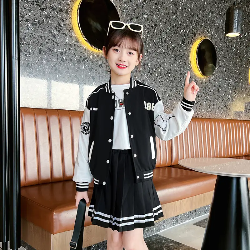 Girls Baseball Jacket Skirt Set Color Block Button Down - Image 2