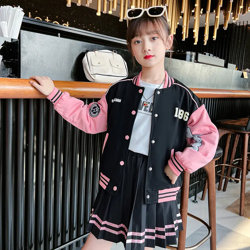 Girls Baseball Jacket Skirt Set Color Block Button Down - Image 3