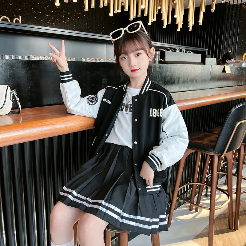 Girls Baseball Jacket Skirt Set Color Block Button Down - Image 4