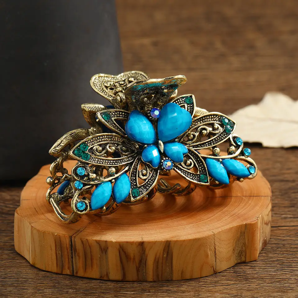 Retro Butterfly Hair Grab Clip with Orange Stones