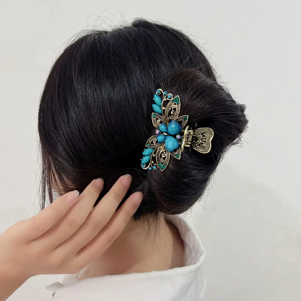 Retro Butterfly Hair Grab Clip with Orange Stones