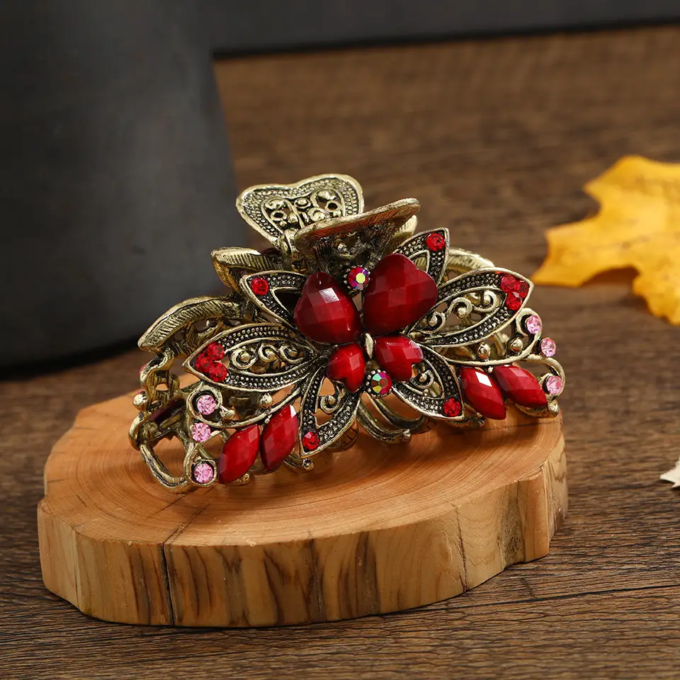 Retro Butterfly Hair Grab Clip with Orange Stones