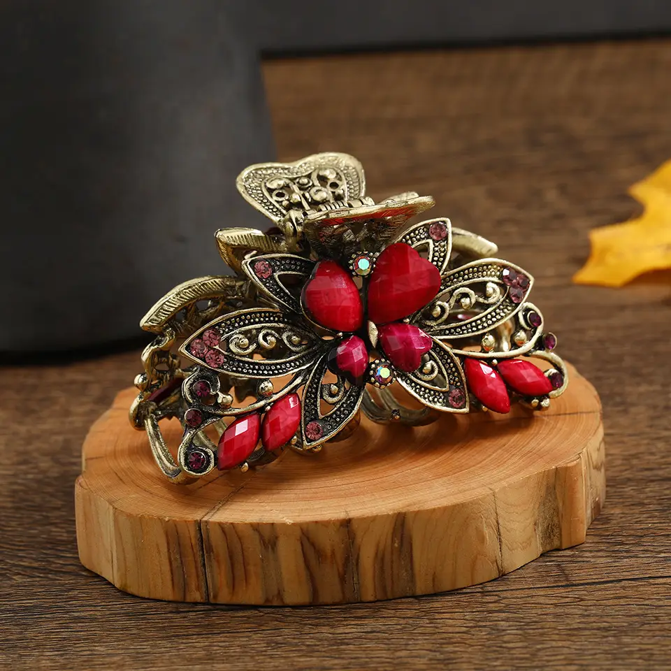 Retro Butterfly Hair Grab Clip with Orange Stones