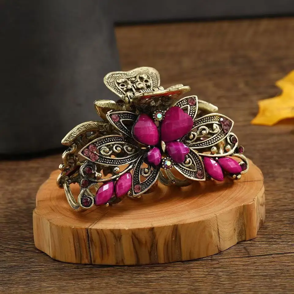 Retro Butterfly Hair Grab Clip with Orange Stones