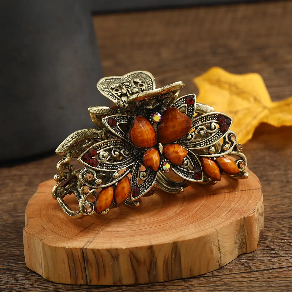 Retro Butterfly Hair Grab Clip with Orange Stones