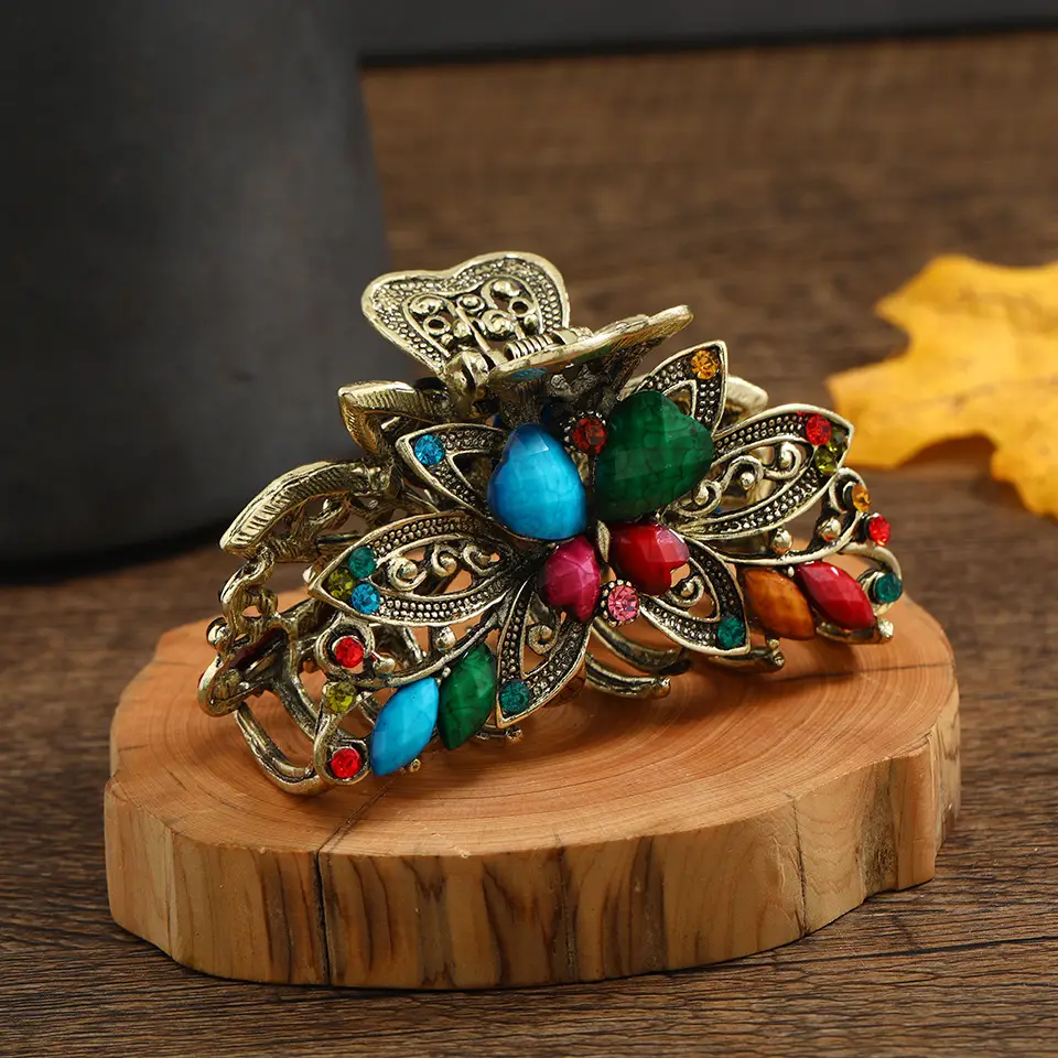 Retro Butterfly Hair Grab Clip with Orange Stones