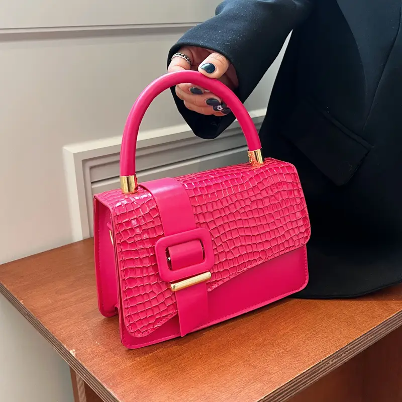 Pink Croc Texture Shoulder Crossbody Bag for Women