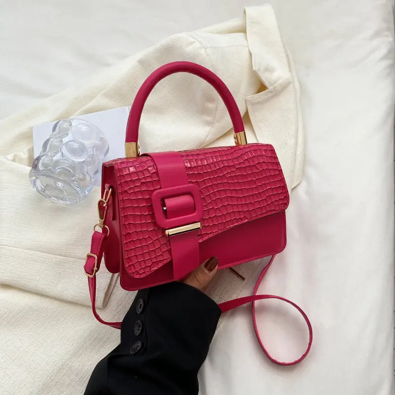 Pink Croc Texture Shoulder Crossbody Bag for Women