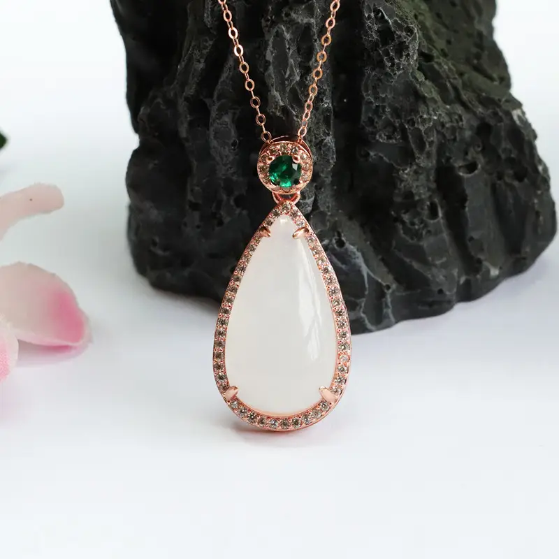 White Jade Water Drop Necklace with Green Gemstone — feature 3