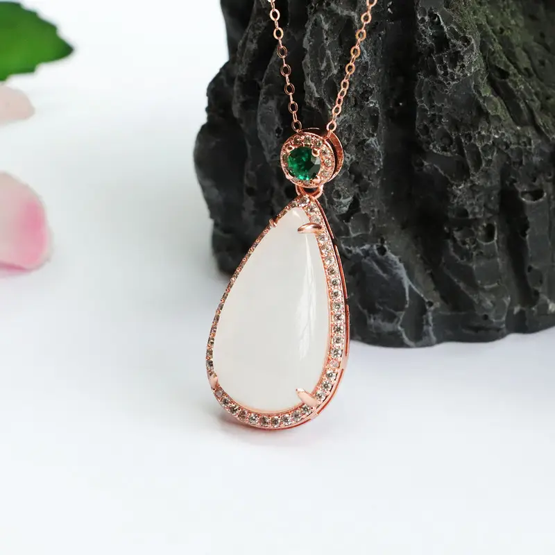 White Jade Water Drop Necklace with Green Gemstone - Image 3