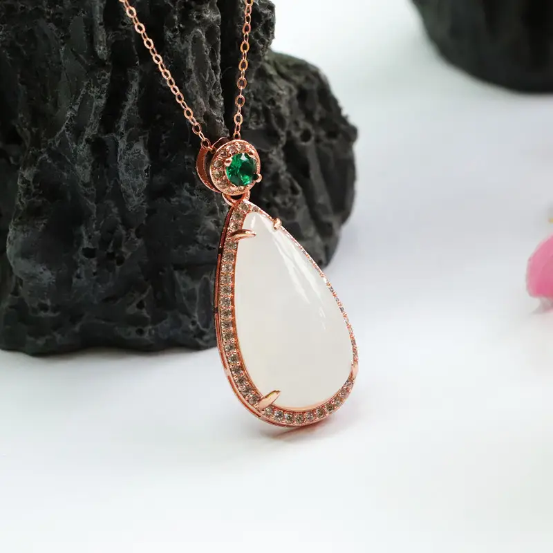 White Jade Water Drop Necklace with Green Gemstone — feature 5