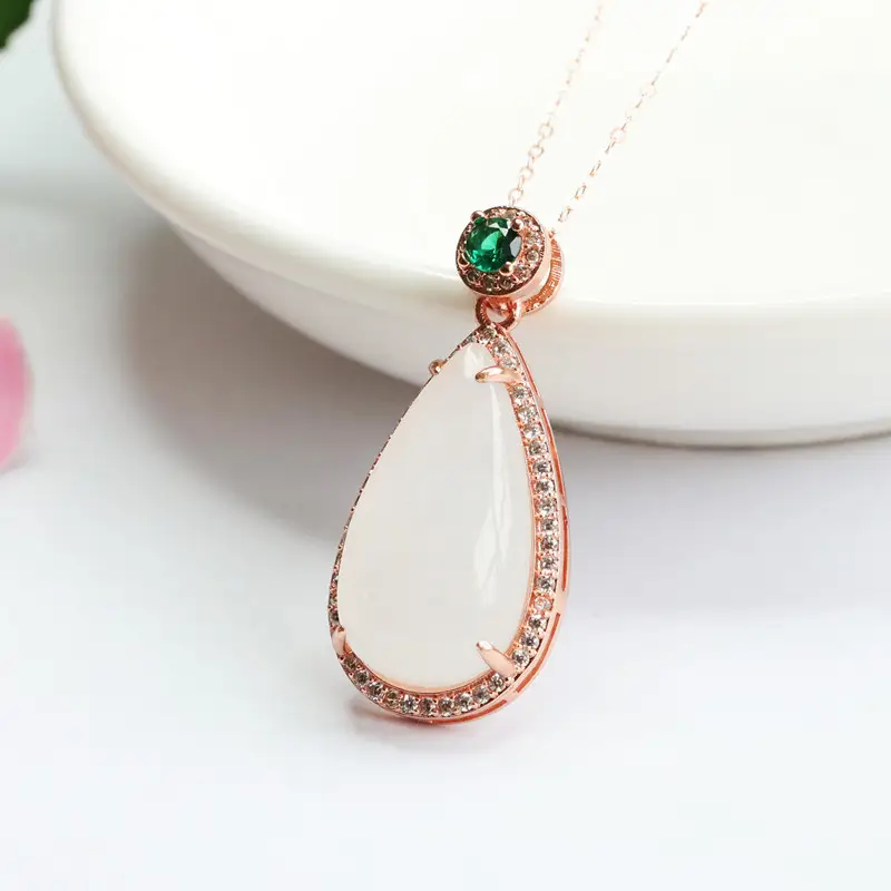White Jade Water Drop Necklace with Green Gemstone — feature 9