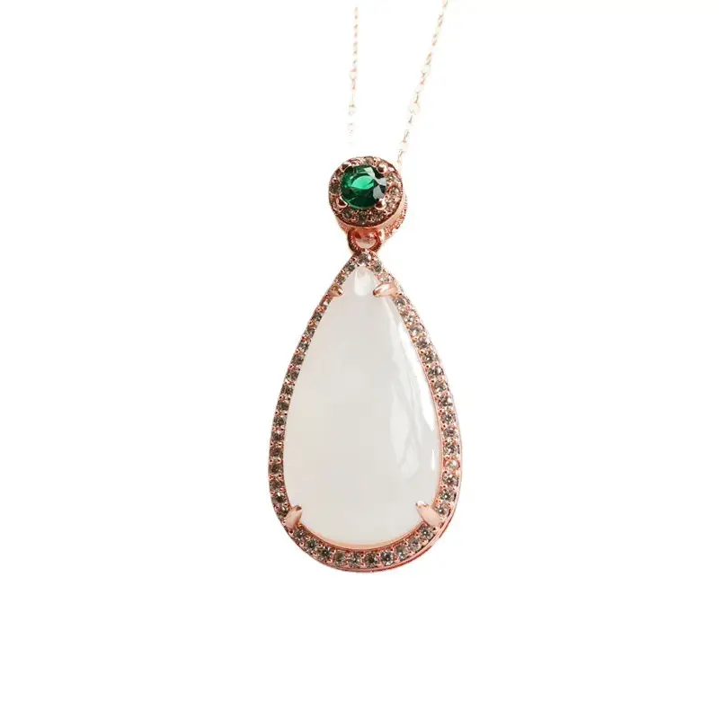 White Jade Water Drop Necklace with Green Gemstone - Image 6