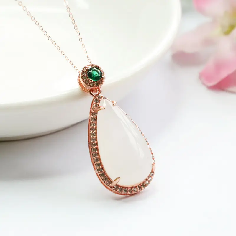 White Jade Water Drop Necklace with Green Gemstone — feature 10