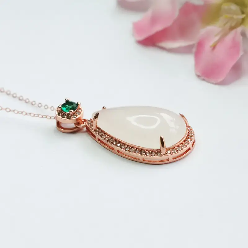 White Jade Water Drop Necklace with Green Gemstone — feature 6