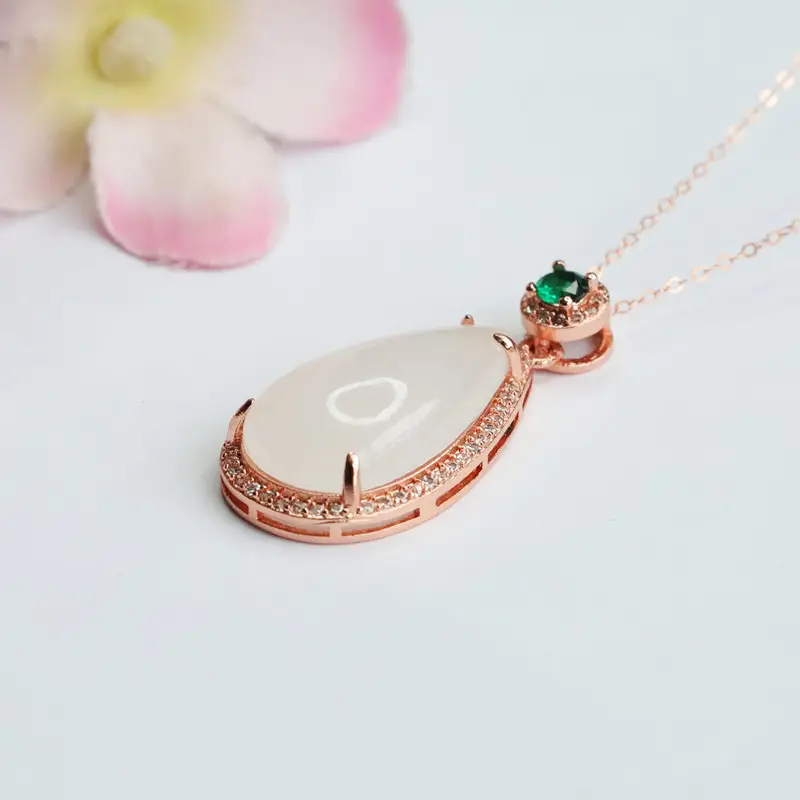 White Jade Water Drop Necklace with Green Gemstone — feature 7