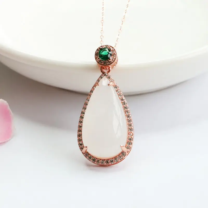 White Jade Water Drop Necklace with Green Gemstone — feature 8