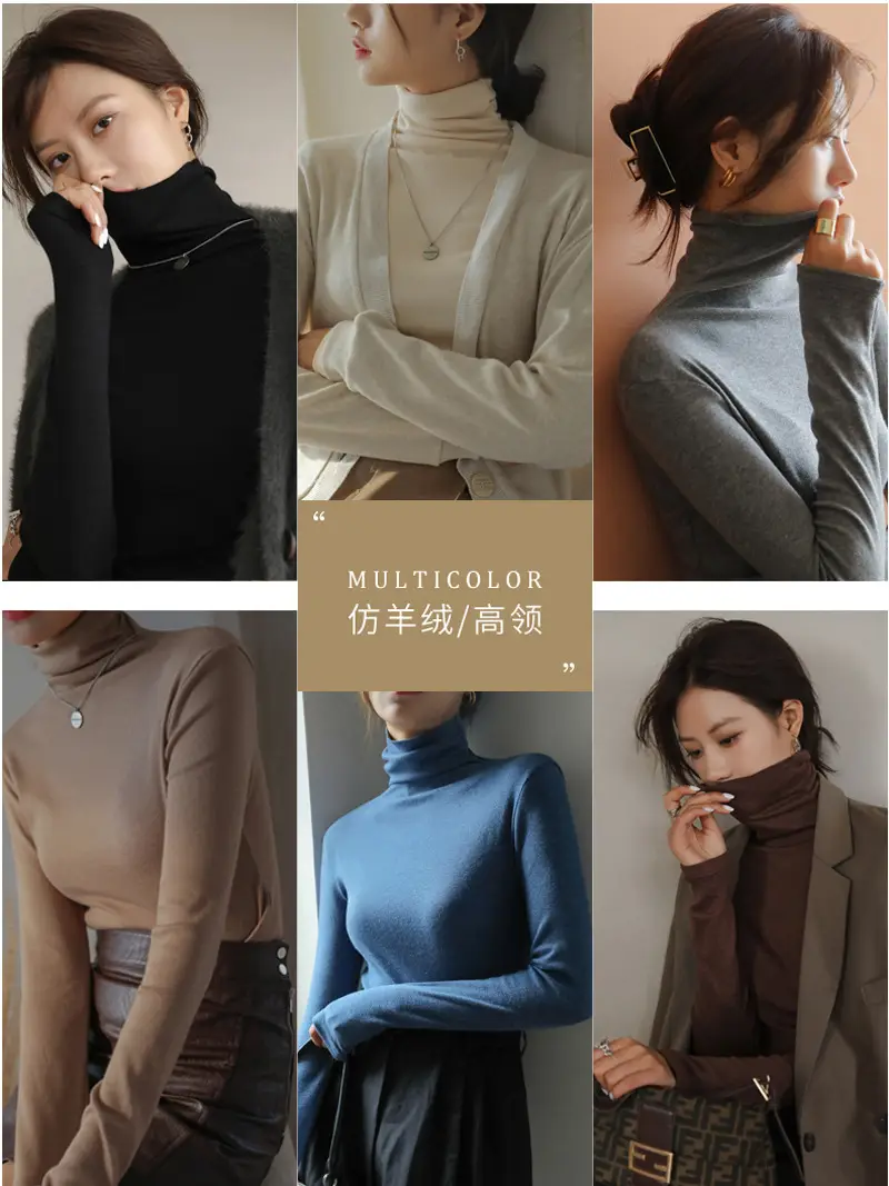 Women Blue Velvet Turtleneck Shirt Autumn Winter