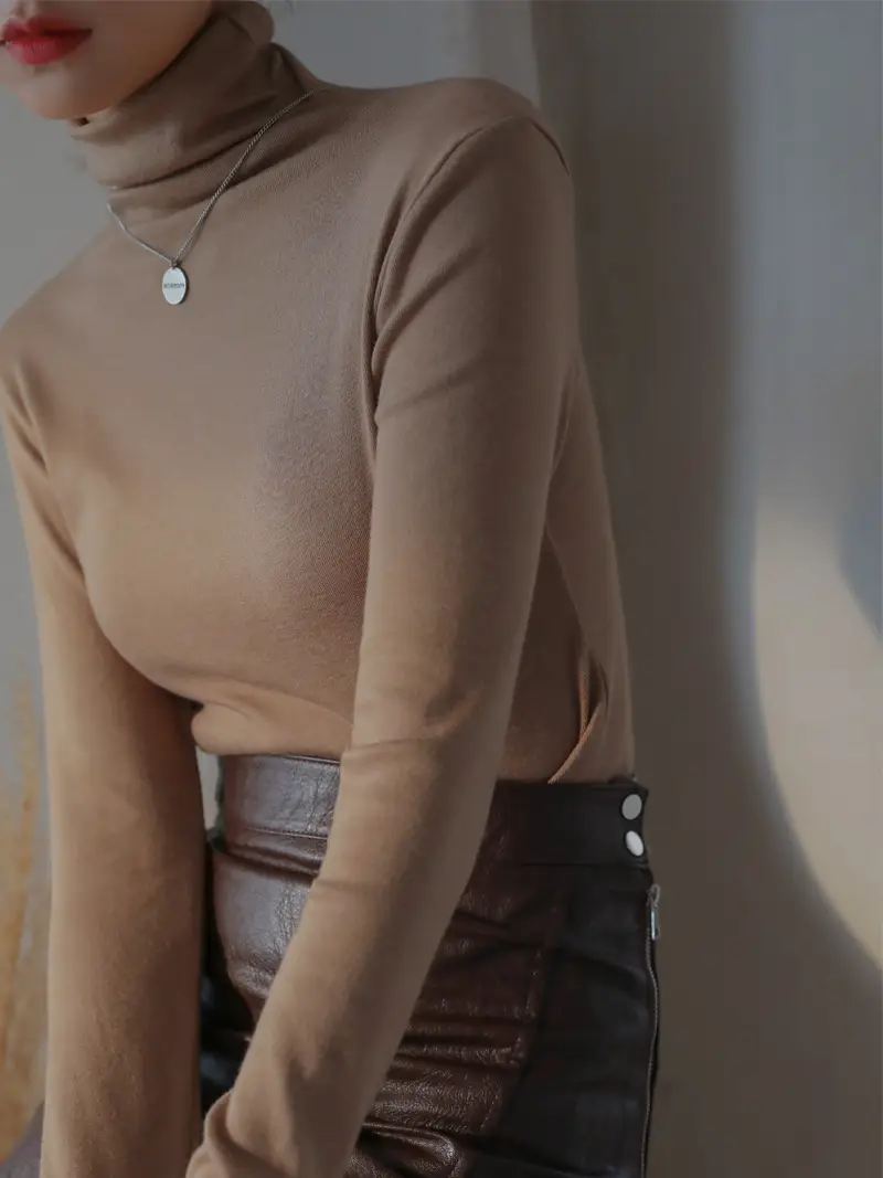 Women Blue Velvet Turtleneck Shirt Autumn Winter