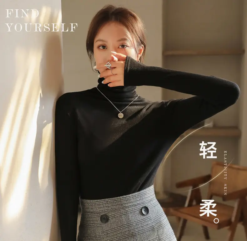 Women Blue Velvet Turtleneck Shirt Autumn Winter — feature 17