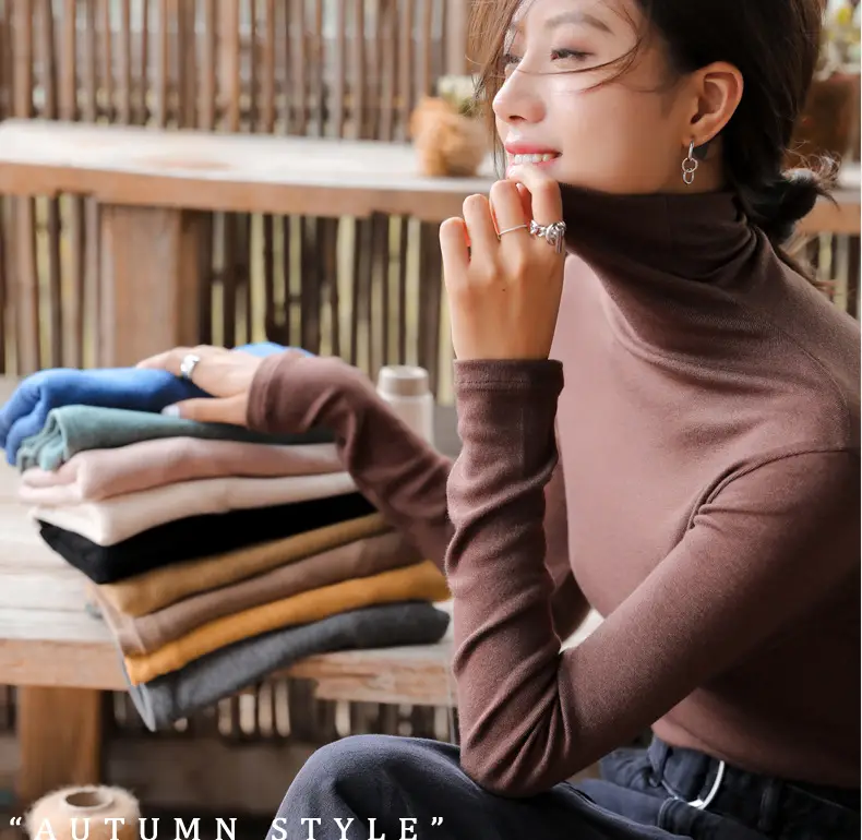 Women Blue Velvet Turtleneck Shirt Autumn Winter — feature 20
