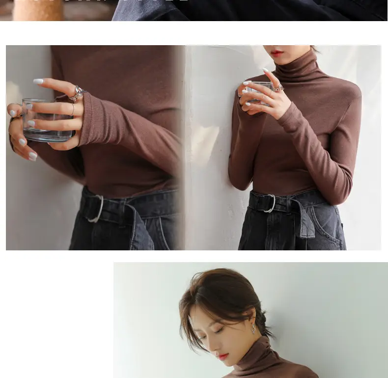 Women Blue Velvet Turtleneck Shirt Autumn Winter — feature 21
