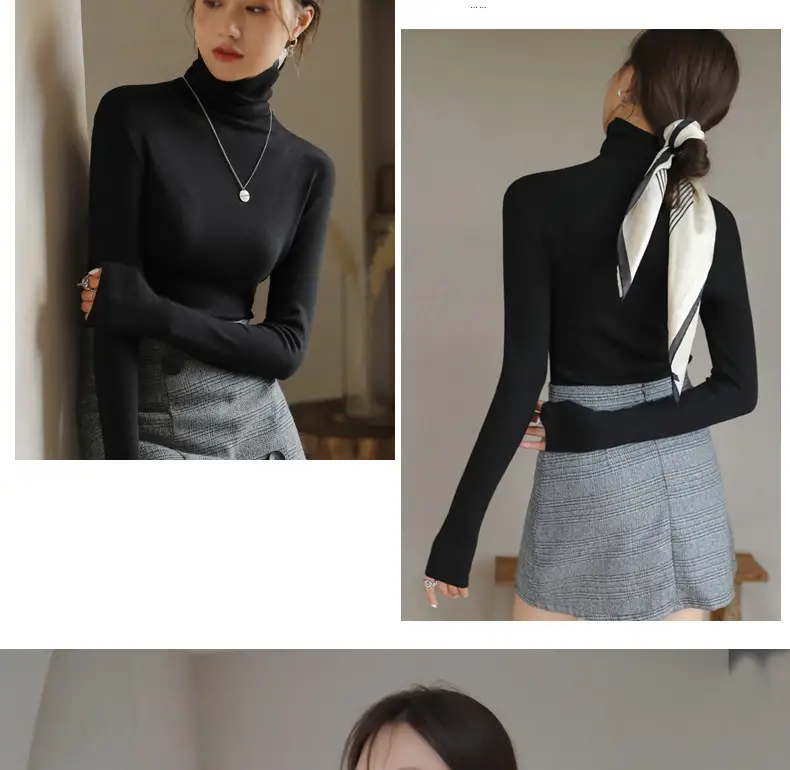 Women Blue Velvet Turtleneck Shirt Autumn Winter — feature 25