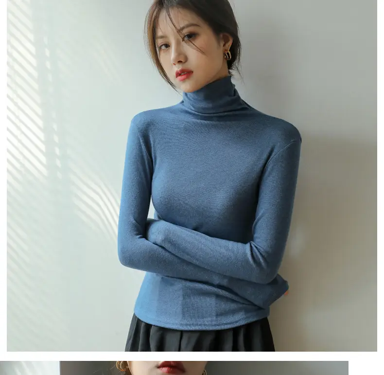 Women Blue Velvet Turtleneck Shirt Autumn Winter — feature 30