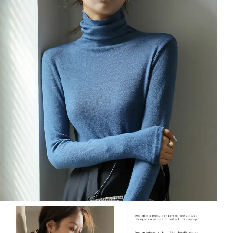 Women Blue Velvet Turtleneck Shirt Autumn Winter — feature 31