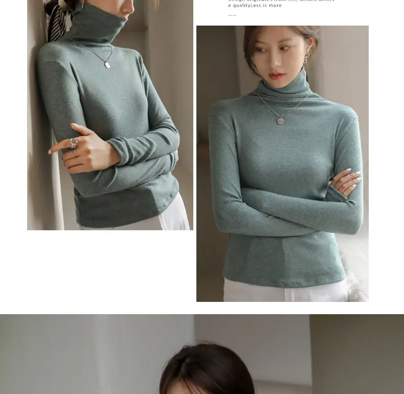 Women Blue Velvet Turtleneck Shirt Autumn Winter — feature 32