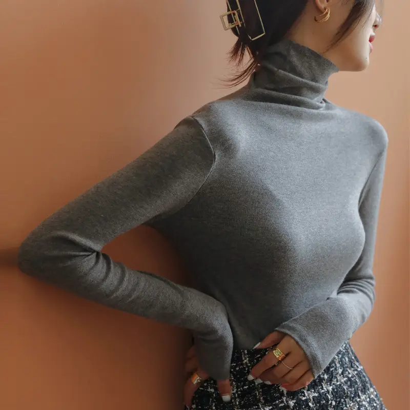 Women Blue Velvet Turtleneck Shirt Autumn Winter