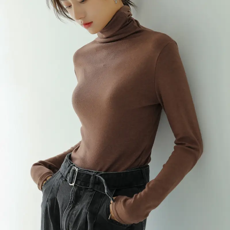 Women Blue Velvet Turtleneck Shirt Autumn Winter