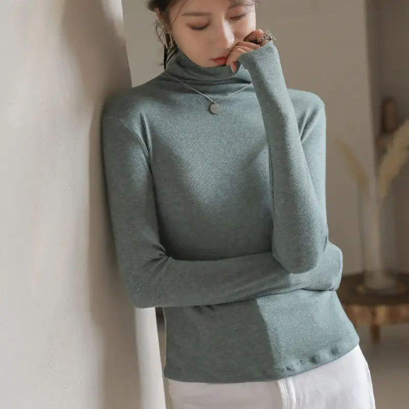 Women Blue Velvet Turtleneck Shirt Autumn Winter