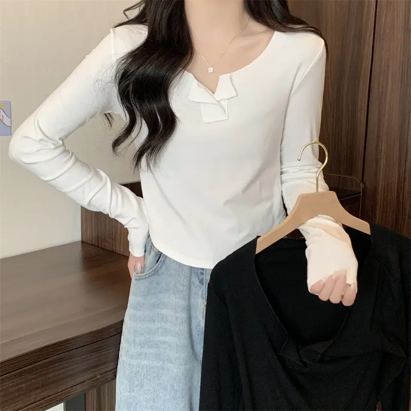 Women Black V-Neck Long Sleeve T-Shirt 2025 - Image 3