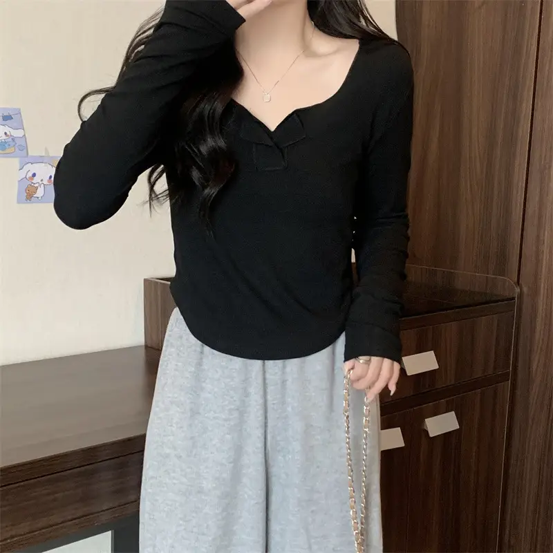 Women Black V-Neck Long Sleeve T-Shirt 2025 - Image 4
