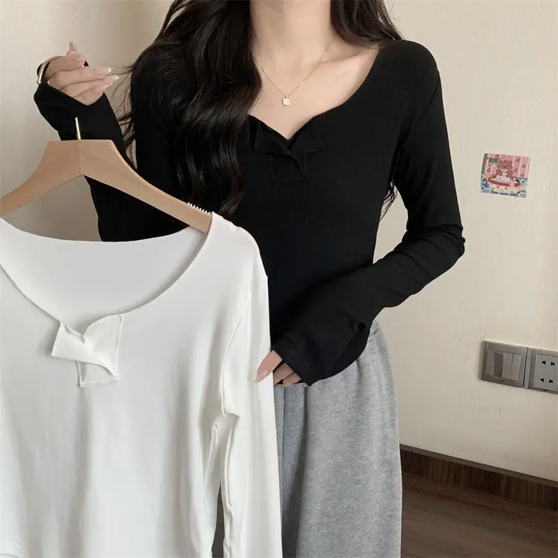 Women Black V-Neck Long Sleeve T-Shirt 2025 — feature 11