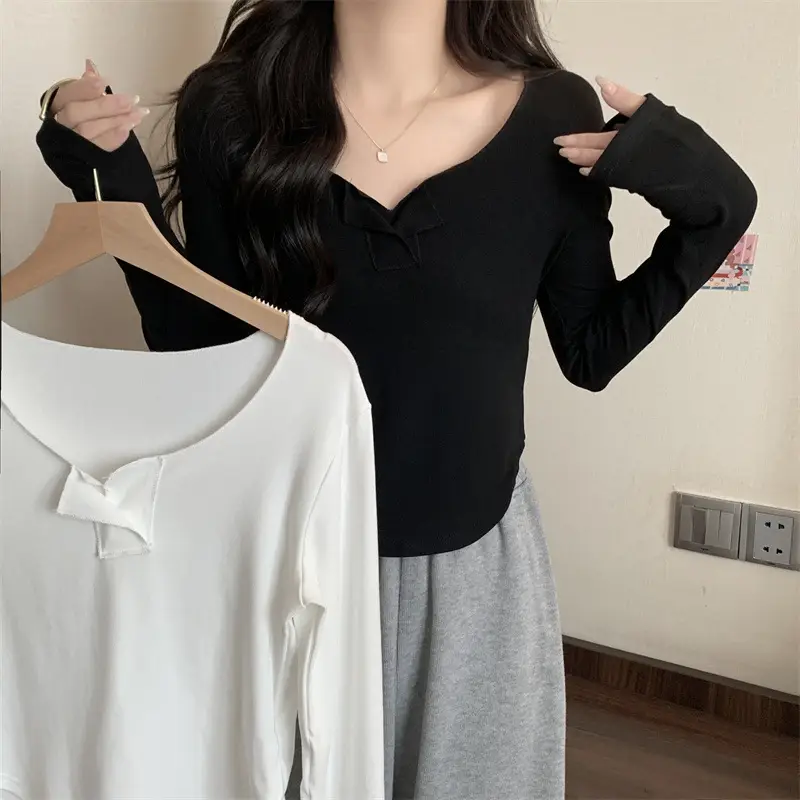 Women Black V-Neck Long Sleeve T-Shirt 2025 — feature 12