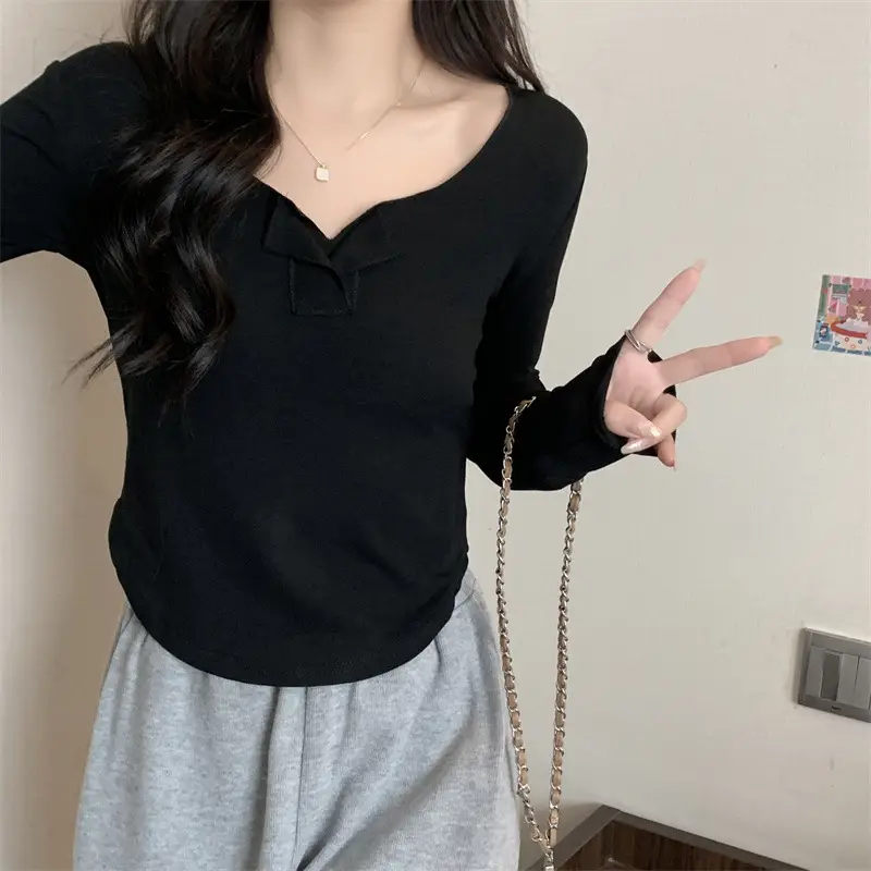 Women Black V-Neck Long Sleeve T-Shirt 2025 — feature 13
