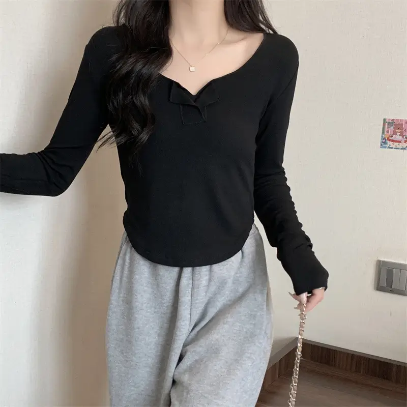 Women Black V-Neck Long Sleeve T-Shirt 2025 — feature 14