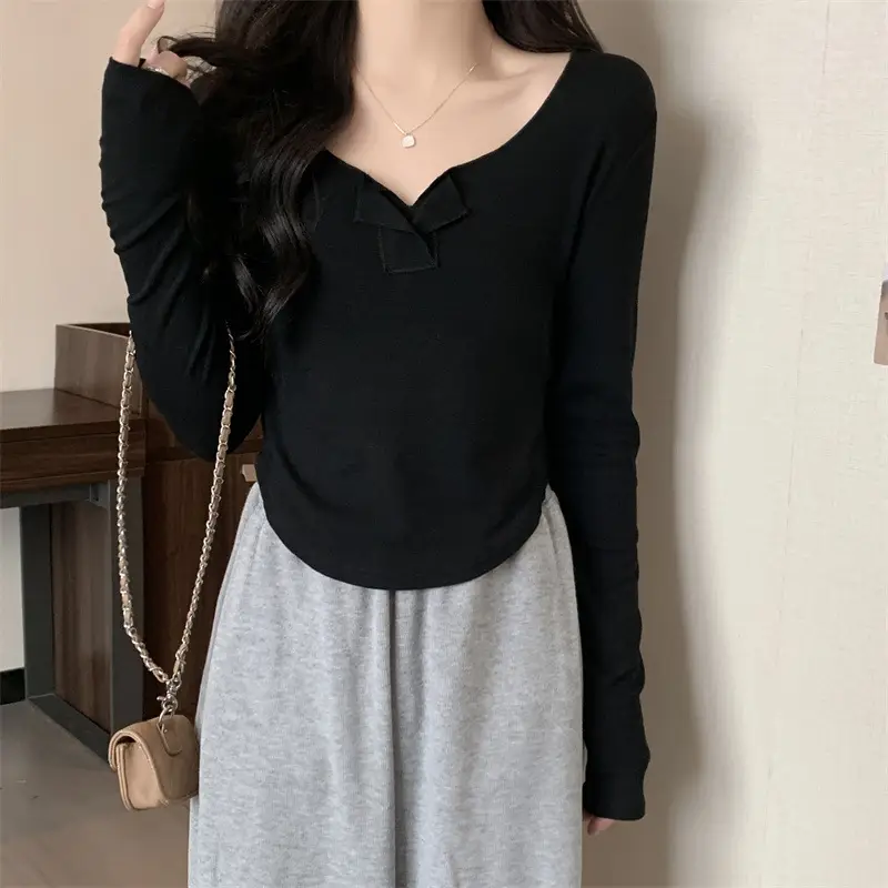 Women Black V-Neck Long Sleeve T-Shirt 2025 — feature 16