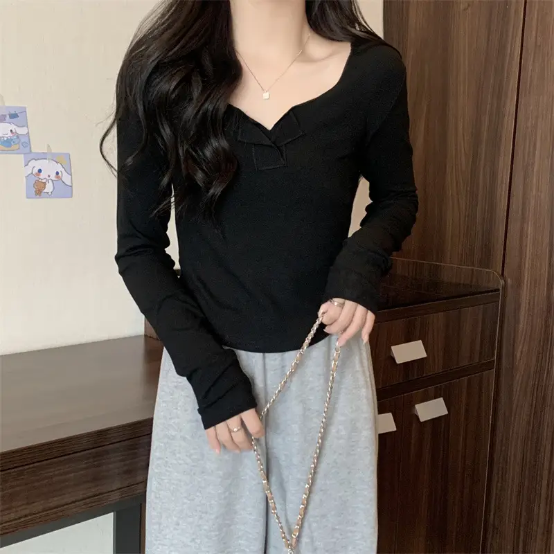 Women Black V-Neck Long Sleeve T-Shirt 2025 — feature 18