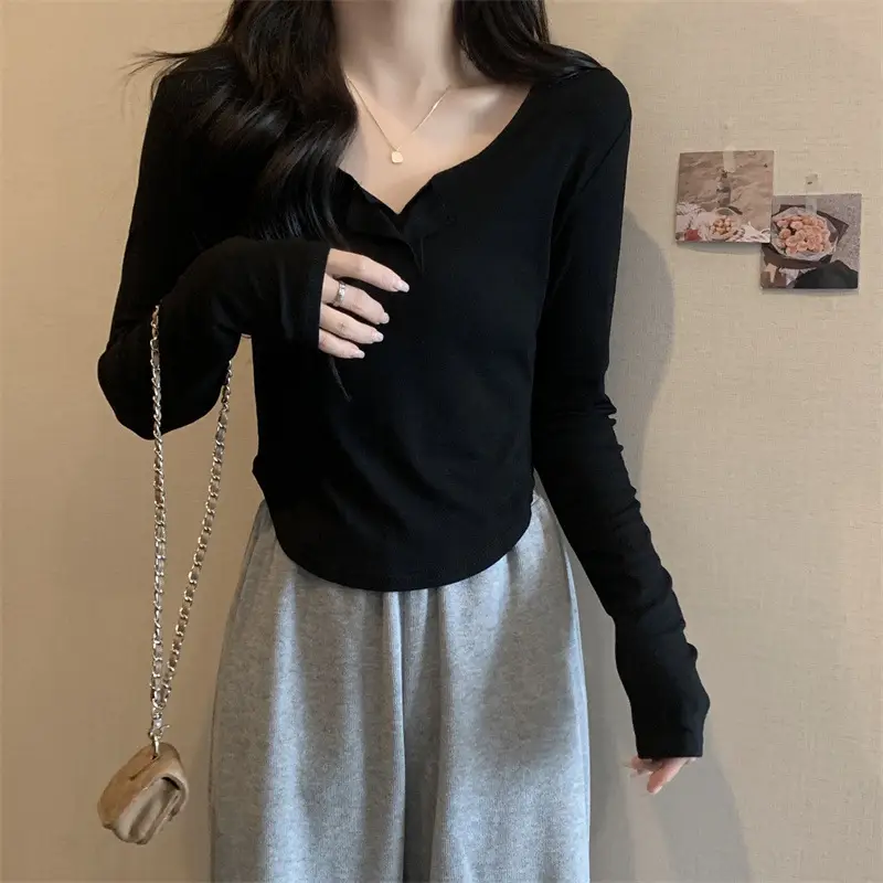 Women Black V-Neck Long Sleeve T-Shirt 2025 — feature 19