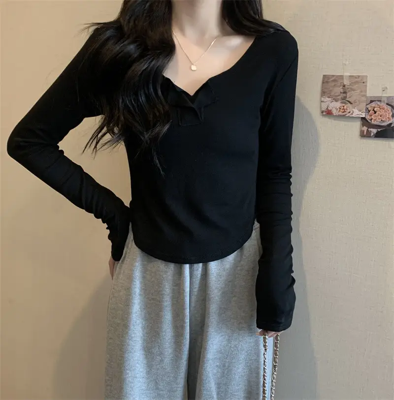 Women Black V-Neck Long Sleeve T-Shirt 2025 — feature 20