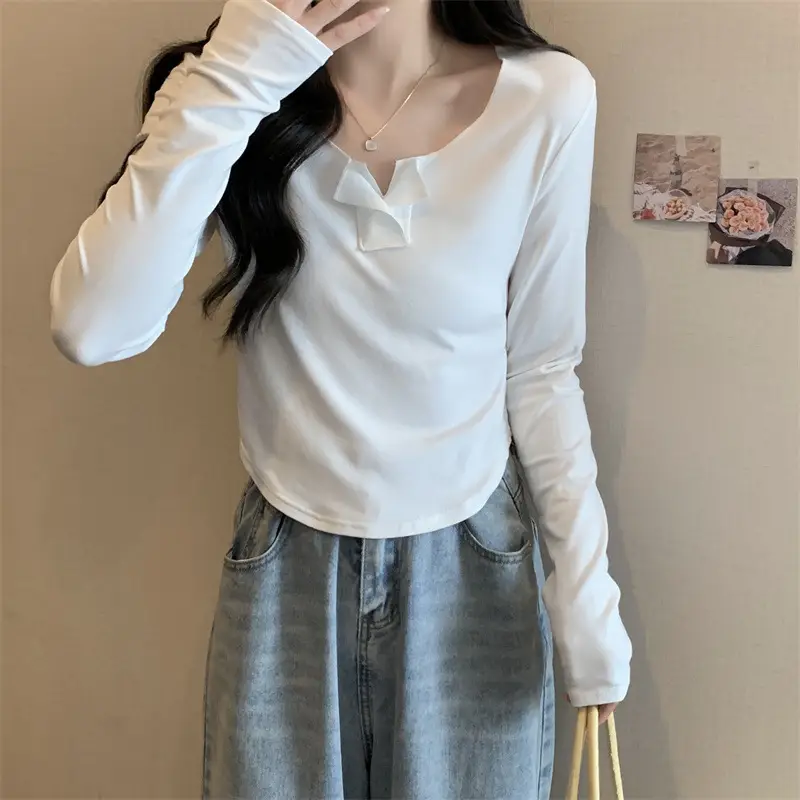 Women Black V-Neck Long Sleeve T-Shirt 2025 — feature 5