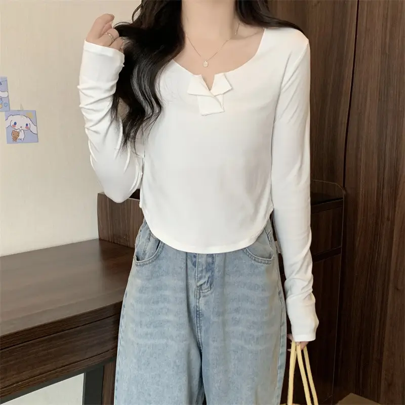 Women Black V-Neck Long Sleeve T-Shirt 2025 — feature 8