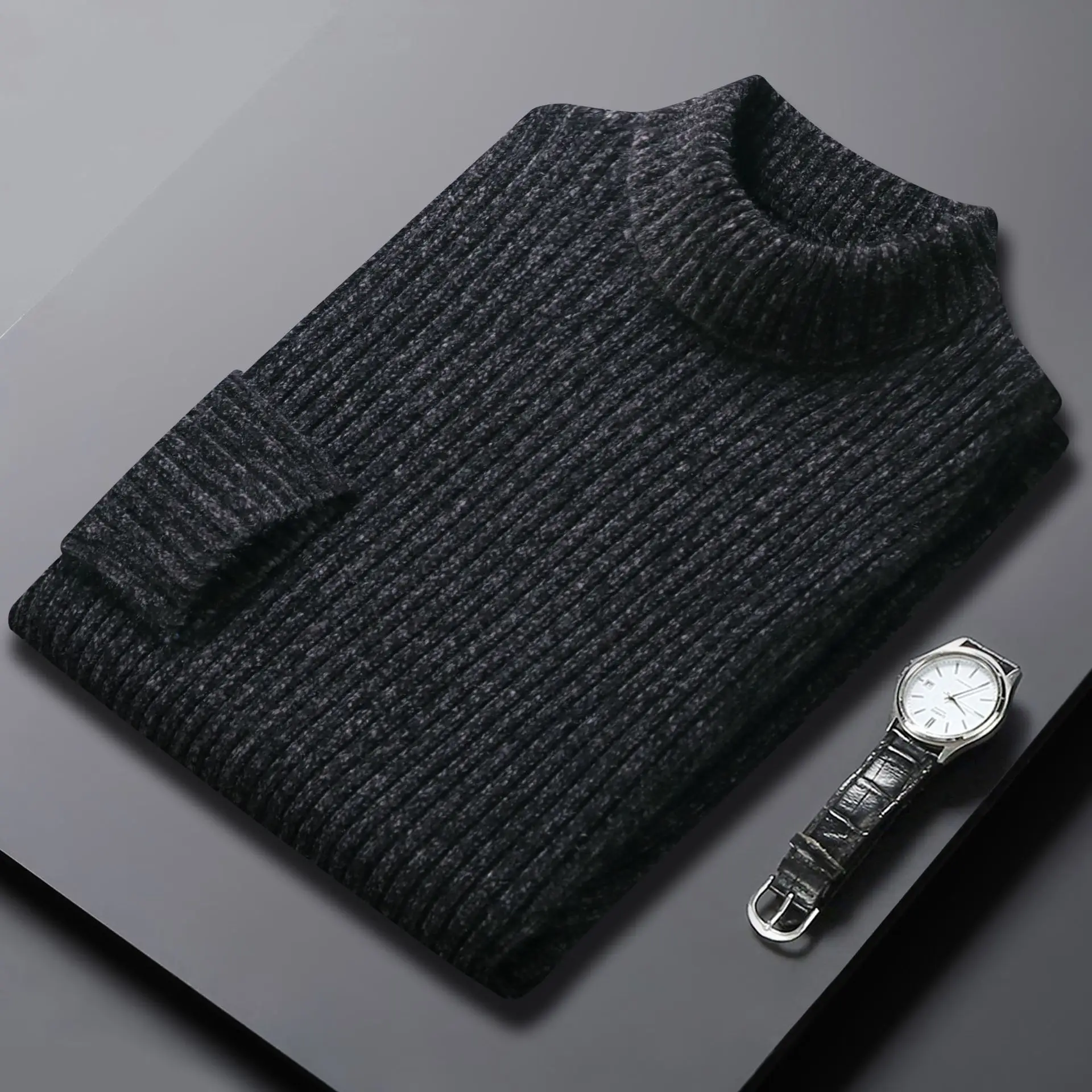 Men's Black Knitted Half-Turtleneck Sweater Winter Warm - Image 4