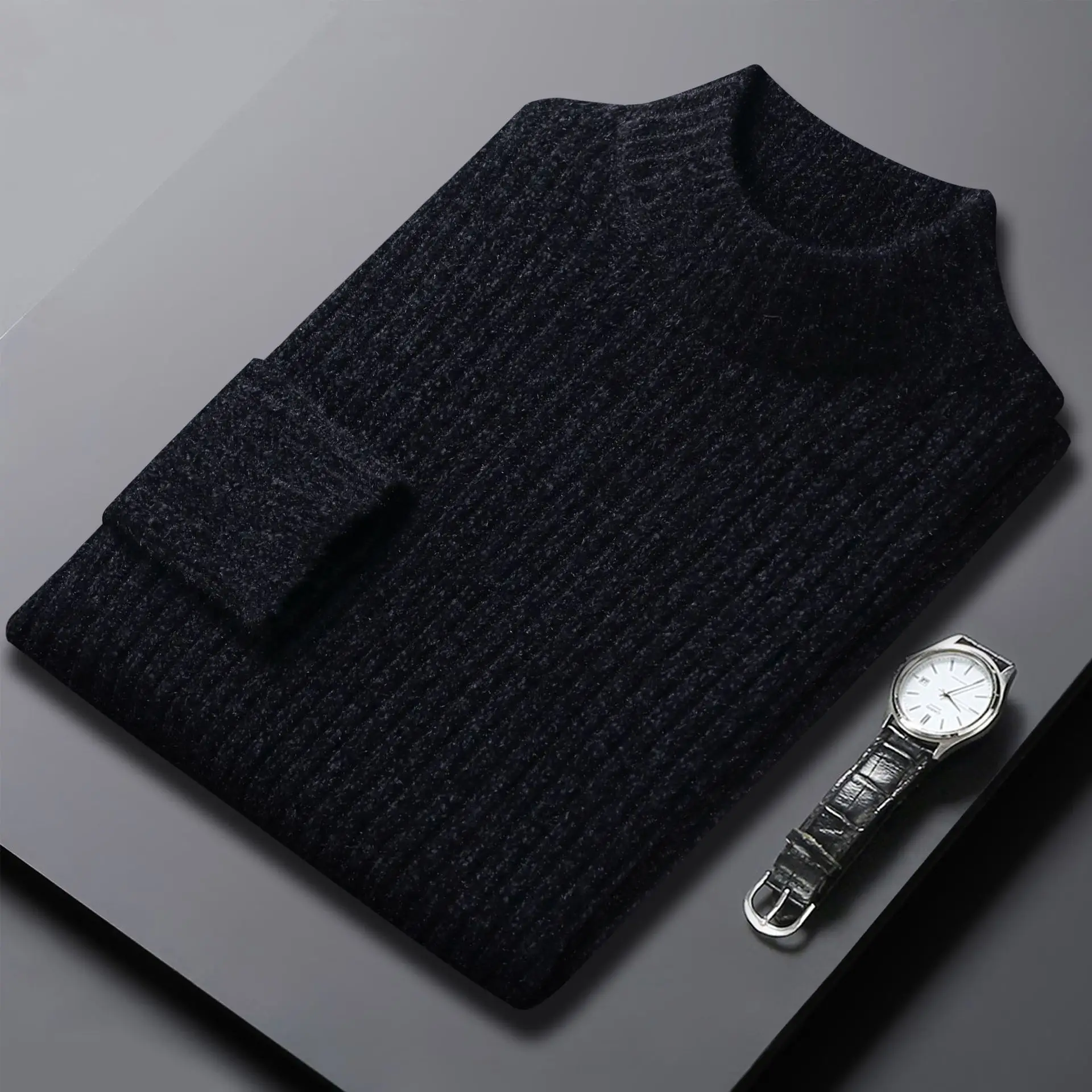 Men's Black Knitted Half-Turtleneck Sweater Winter Warm - Image 6