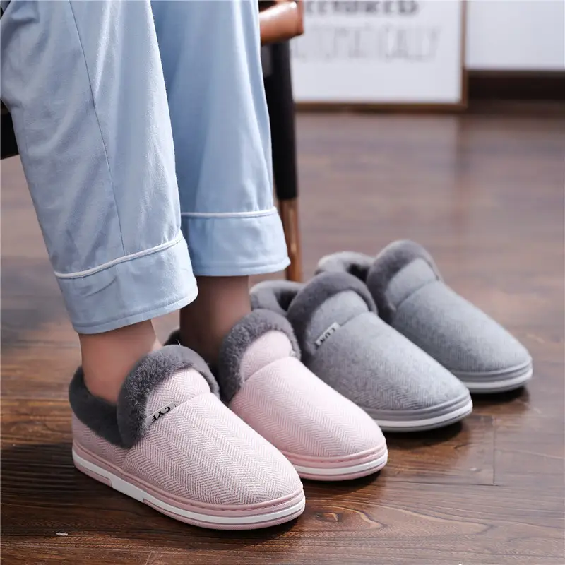 Grey Herringbone Wool Furry Slippers for Men Women Winter Warm - Image 7